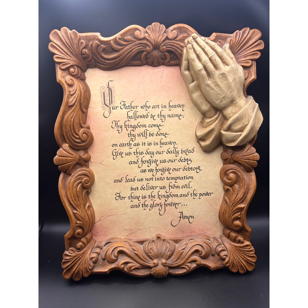 Vintage Lords Prayer Wall Plaque Ornate Frame 3D Praying Hands Religious Decor